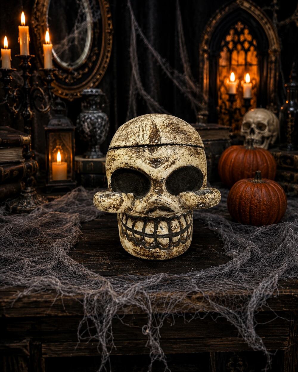 Skull Trinket Box Hinged Ceramic Gothic Halloween Decor Distressed Collectible